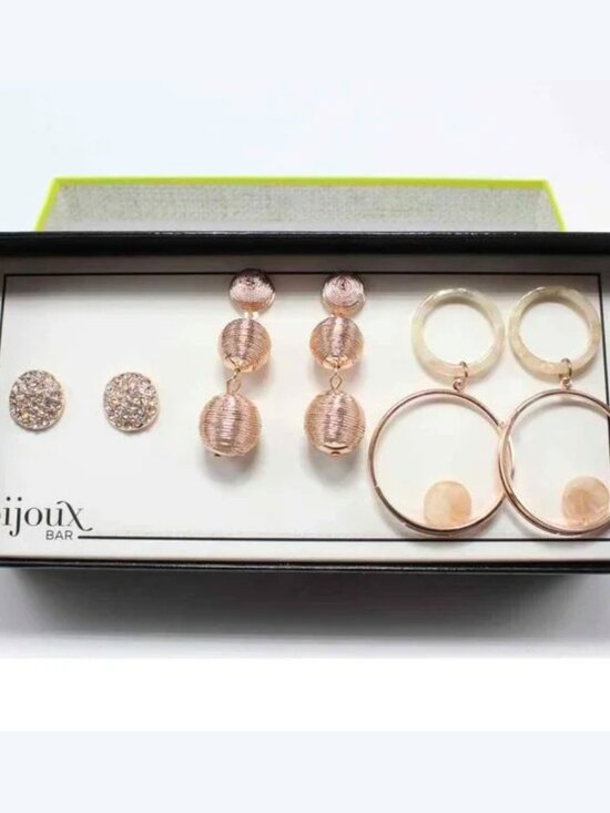 Bijoux Bar Jewelry - Bijoux Bar 3 Pair Rose Gold Tone Earrings Posts & Drops Crystal & MOP Box M654